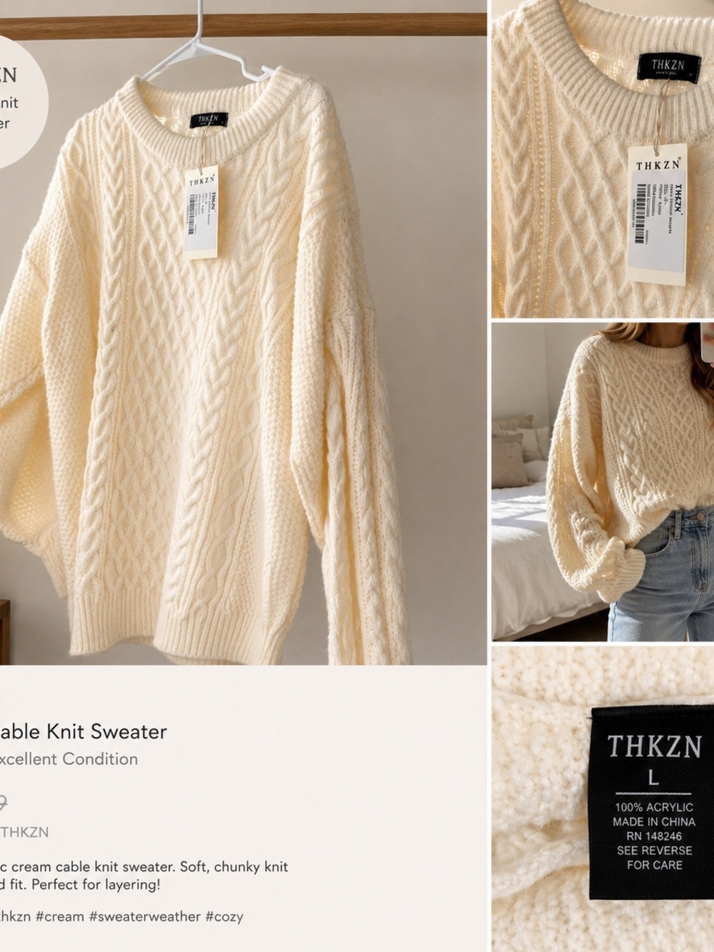 Cream Cable-Detail Crewneck Sweater